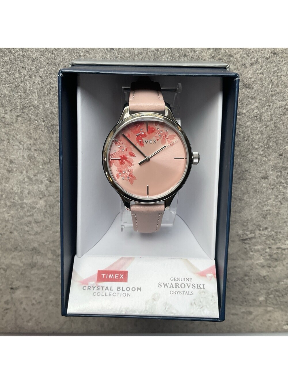 Timex Womens Watch 36mm Case Floral Dial Pink Leather Band Quartz Three Hands S2